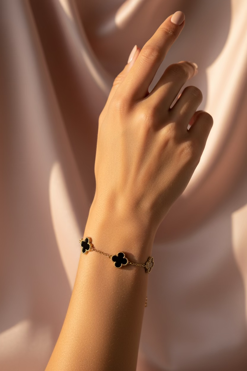 Four Leaf Black Gold Clover Bracelet