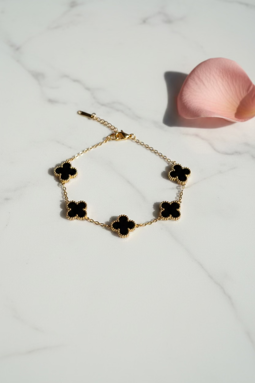 Four Leaf Black Gold Clover Bracelet