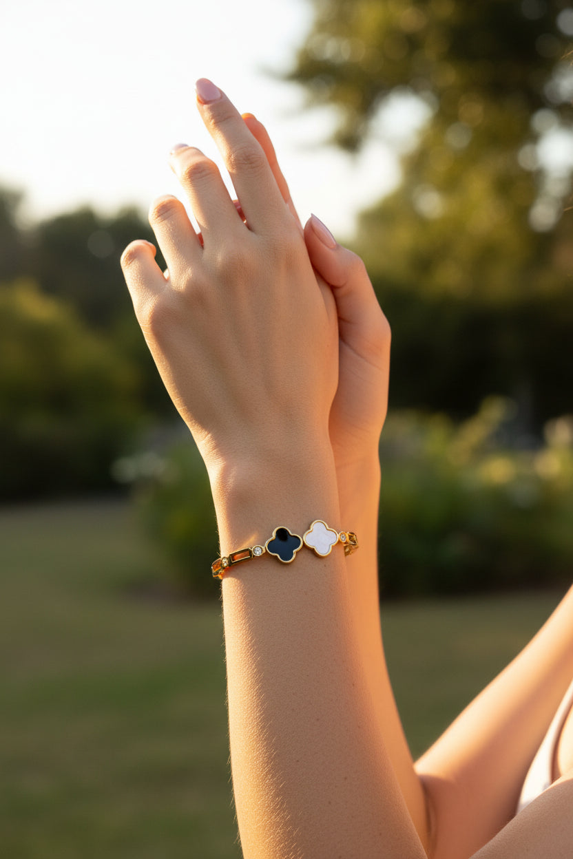 Four Leaf Black and White Bangle Bracelet