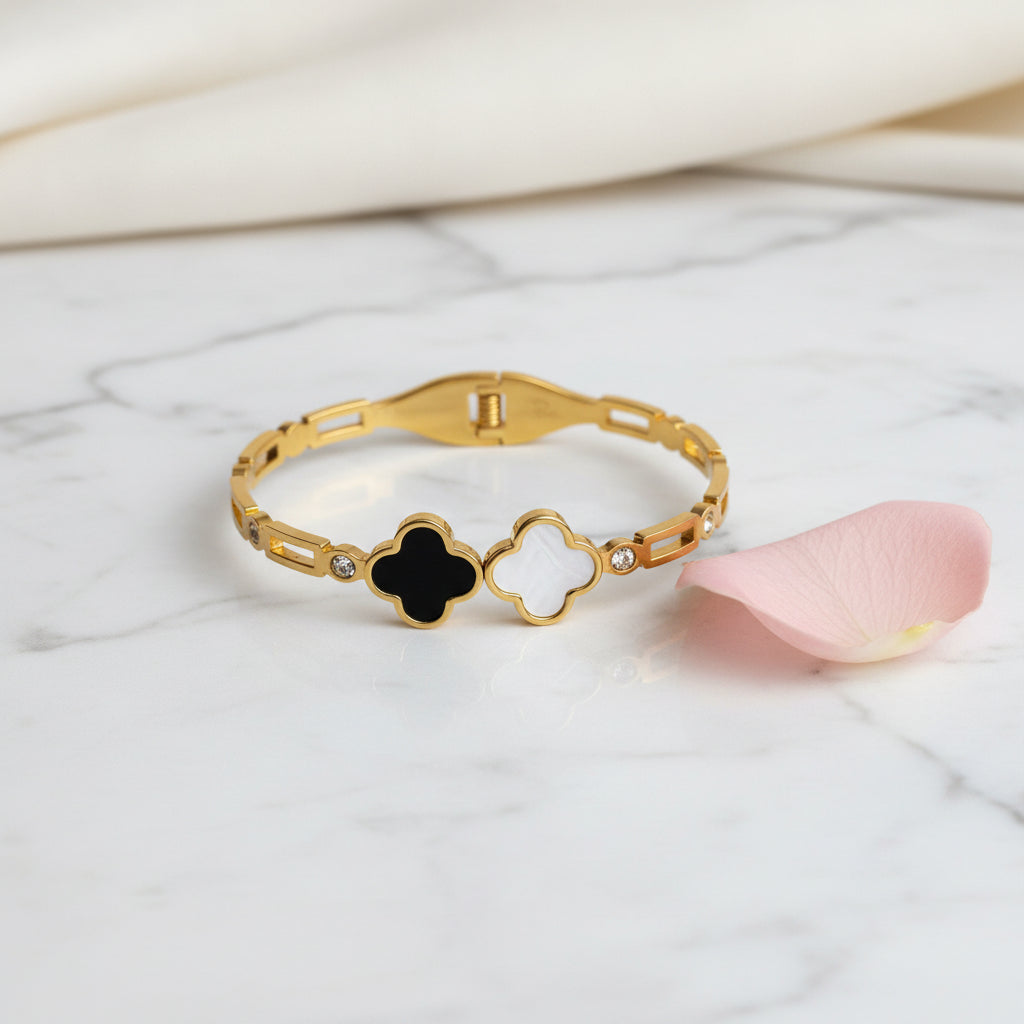 Four Leaf Black and White Bangle Bracelet