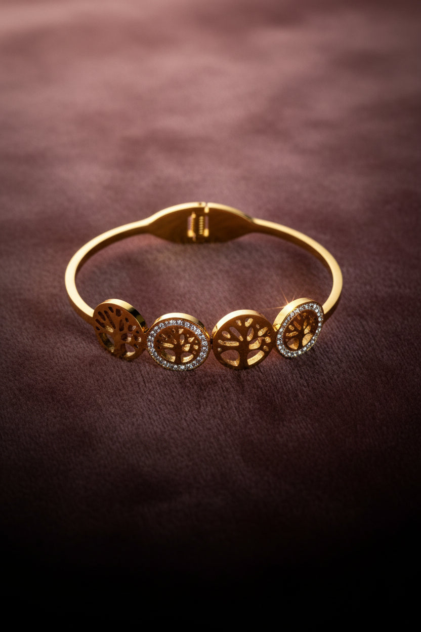 Golden and Diamond Studded Tree Bangle Bracelet