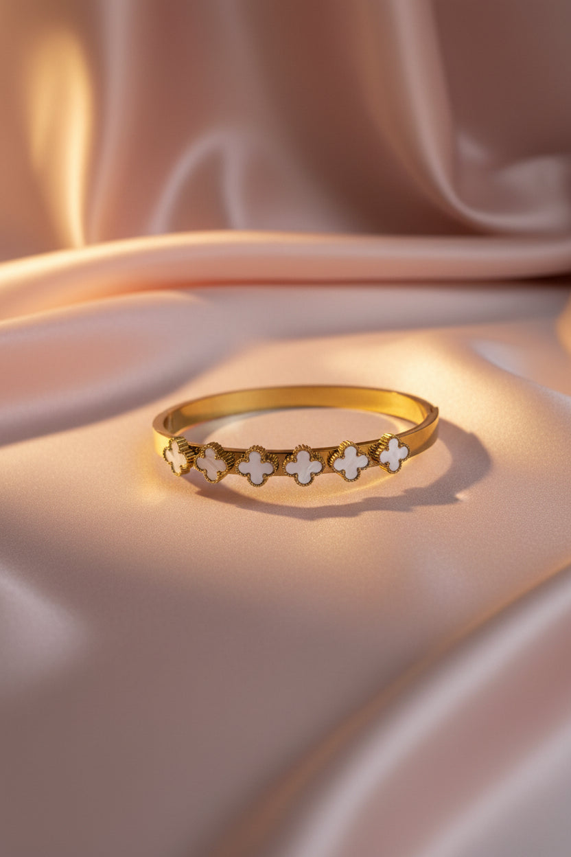 Four Leaf White and Gold Clover Bangle Bracelet