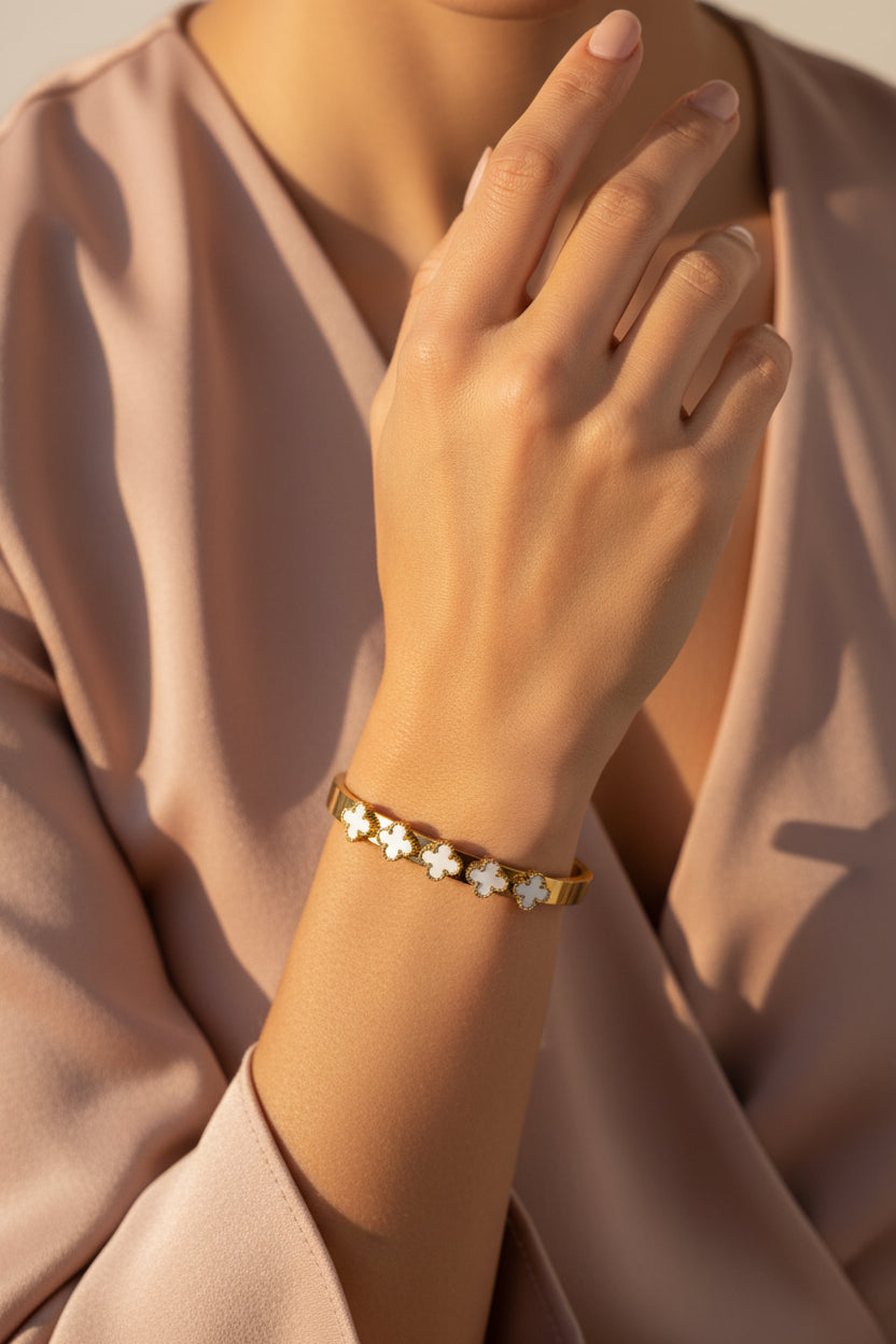 Four Leaf White and Gold Clover Bangle Bracelet