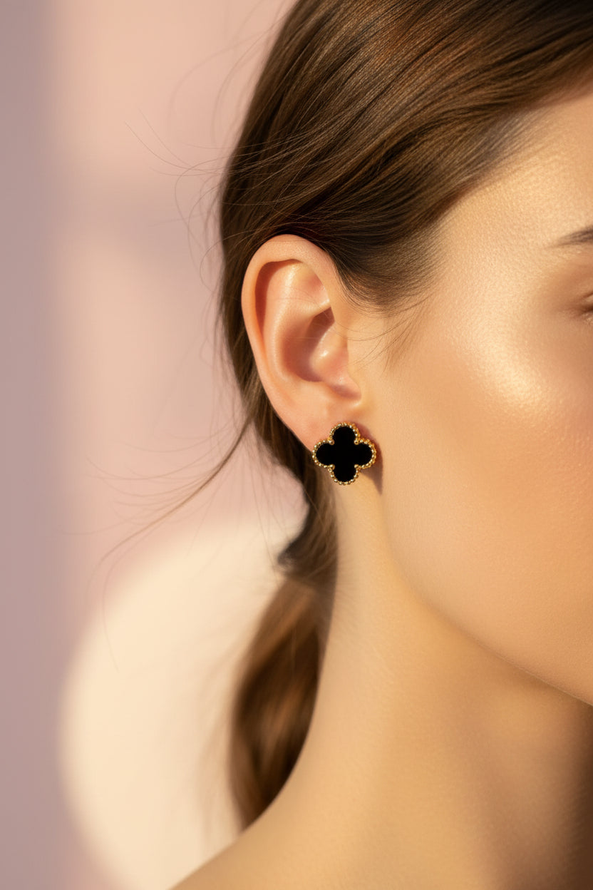 Black Gold Clover Studs Earrings