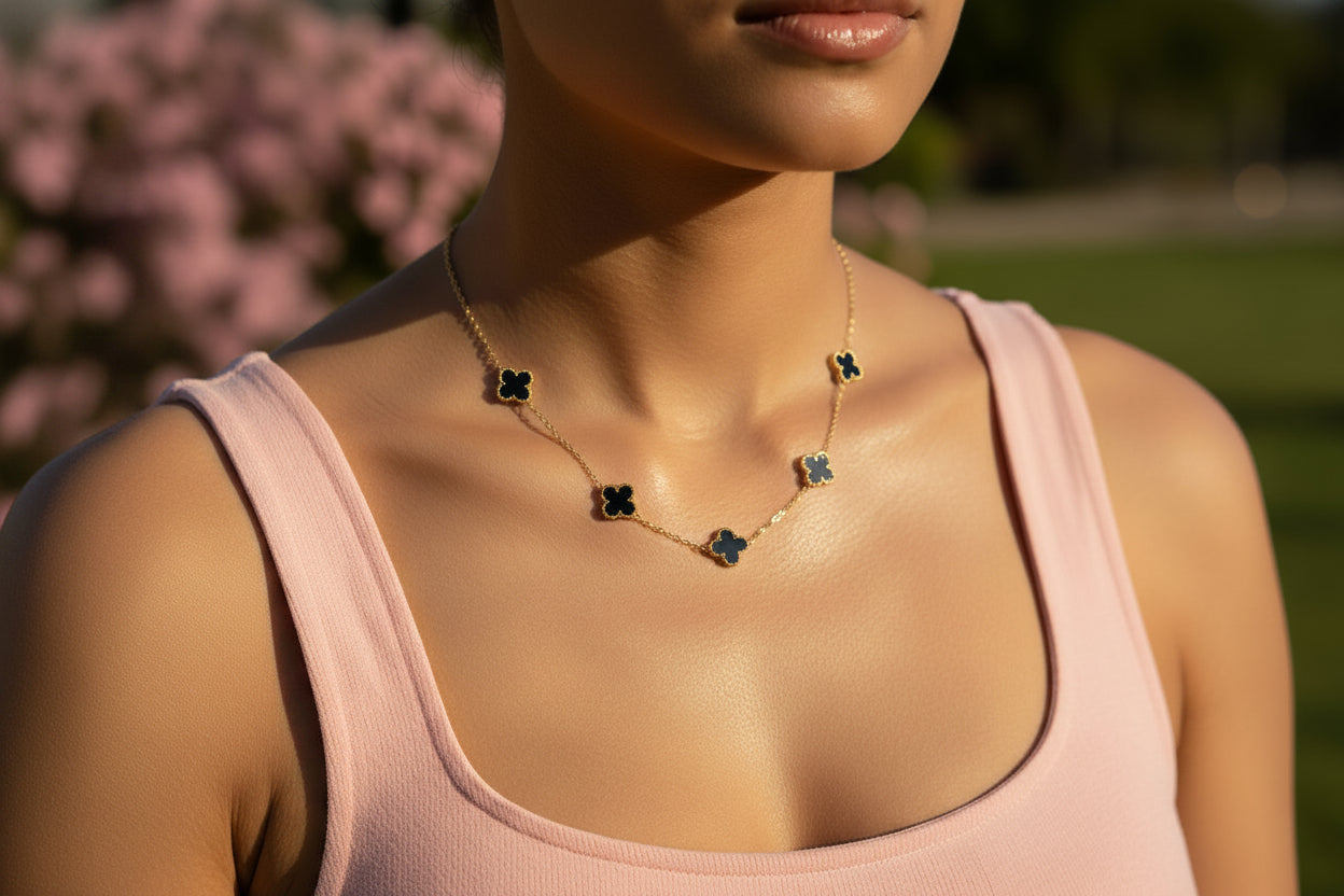 Four Leaf Black and Gold Clover Necklace